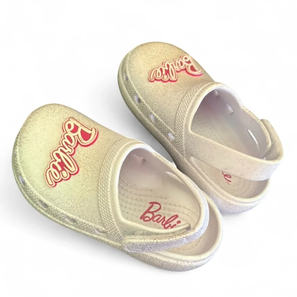 Sparkly white and pink Barbie crocs clog slide on shoes girls size 9